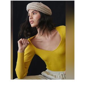 Anthropologie mustard Yellow Ribbed Square-Neck Long-Sleeve Top size Small